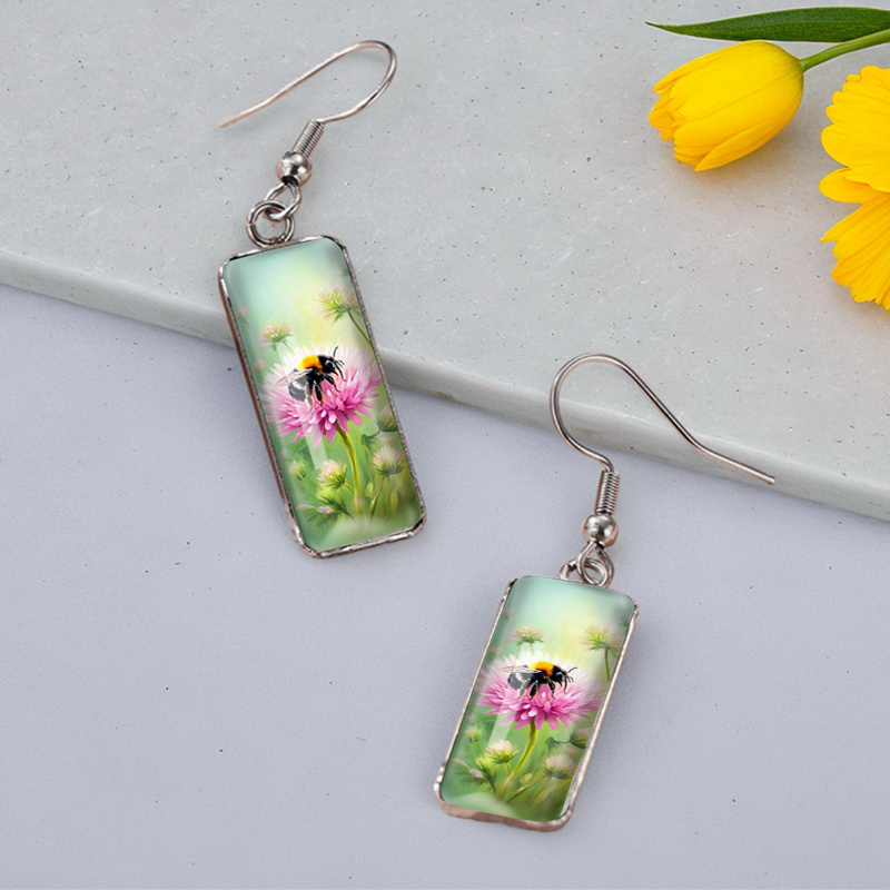 Bee and Pink Chrysanthemums Rectangular Fish Hook Earrings